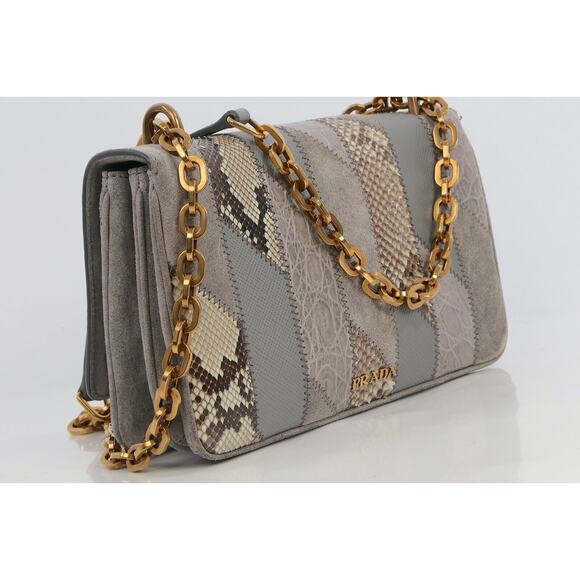 Prada Crocodile Python Suede Leather Exotic Skin Patchwork Flap Shoulder Bag - Picture 16 of 16